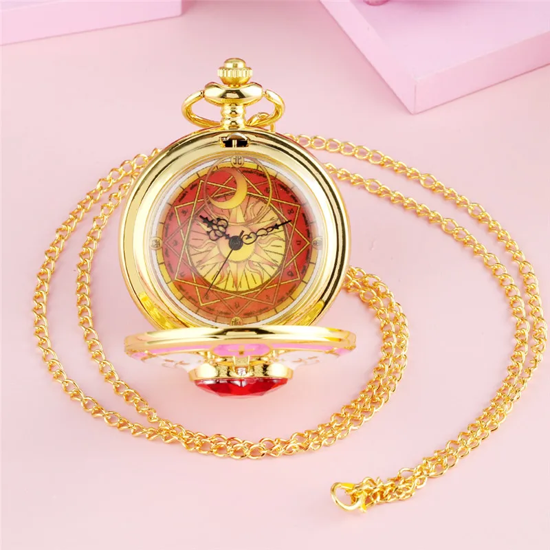 Cute 3D Red Heart Cover Pendant Moon/Cat/Pentagram Gadget Women Girl Japan Anime Quartz Pocket Watch Necklace Chain Timepiece