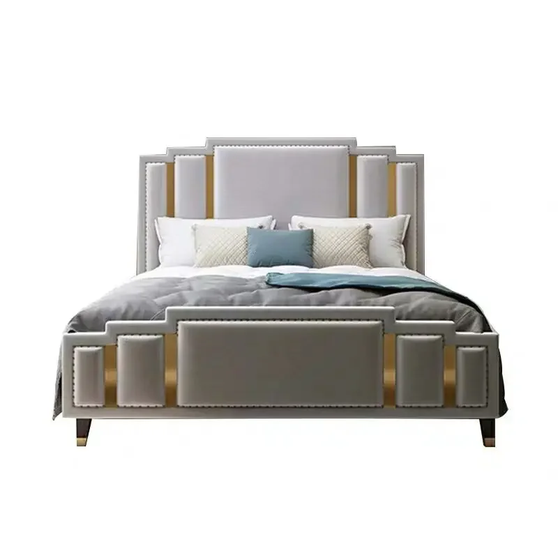 

High End Velvet Bed Headboard With Gold Stainless Steel Modern Bedroom Exclusive Design Luxury King Size Bed Frame