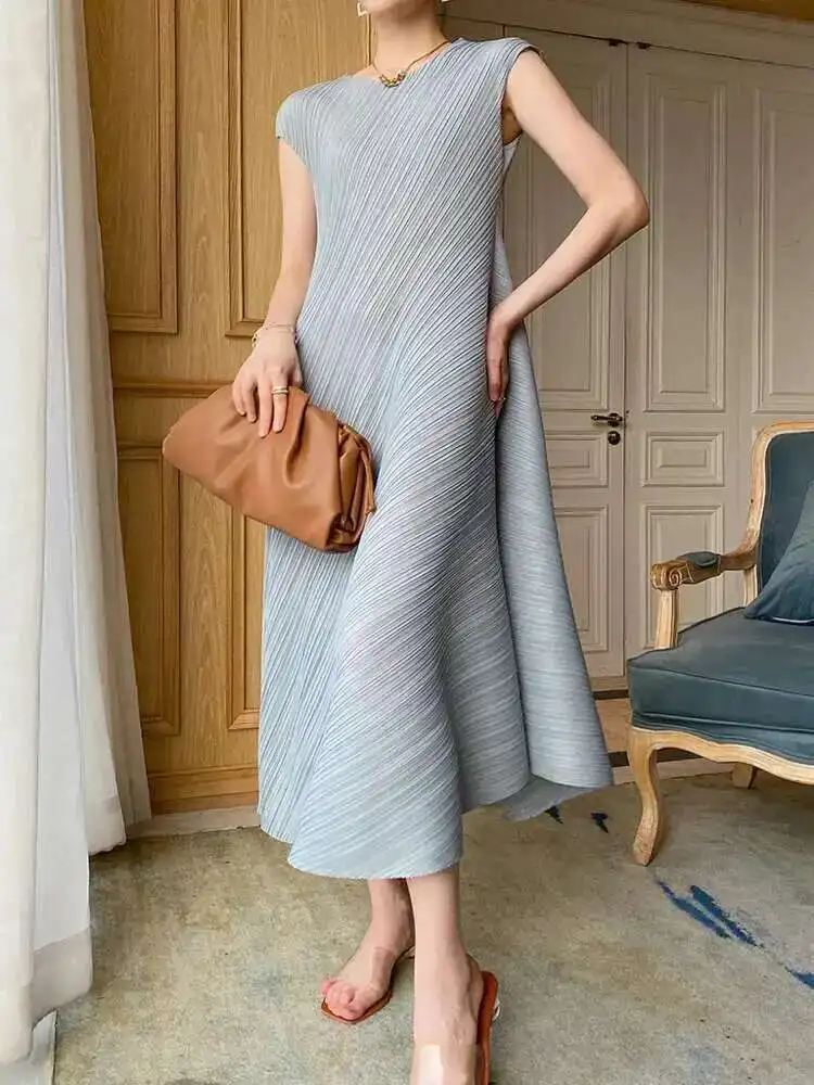 LANMREM Irregular Pleated Dress Women Fashion Tide 2025 Summer New Solid Color Round Neck Short Sleeve Elegant Long Dress 2DE677 - Image 6