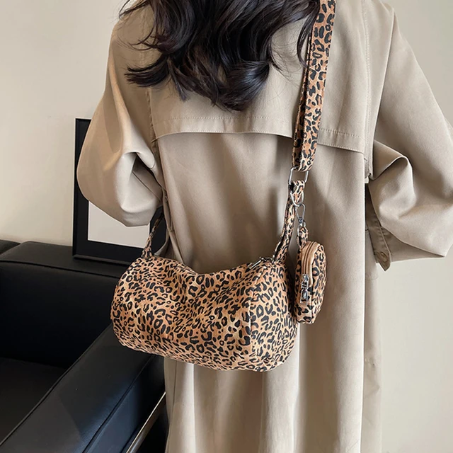 Trendy Leopard Print Pillow Bag With Money Pouch Wide Shoulder