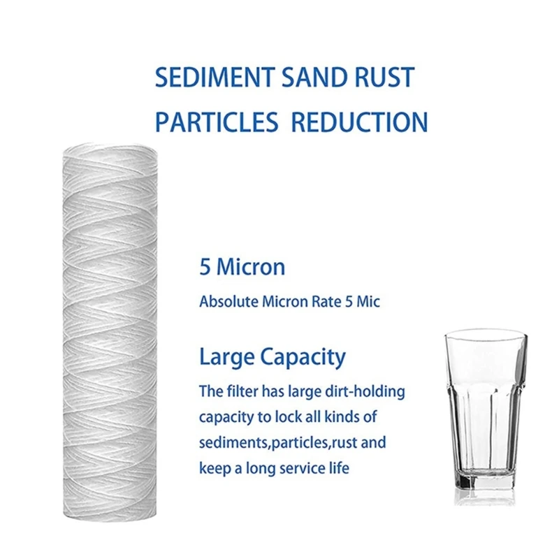 5 Pieces High Efficiency String Wound Water Filter Cartridge Polypropylene Universal Replacement for Sediment Filtration
