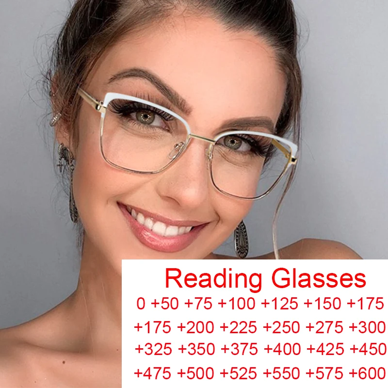 Gafas de aumento para mujer, lentes de ojo de gato de Metal de marca, filtro de computadora, lectores de luz azul, gafas blancas elegantes populares| | - AliExpress