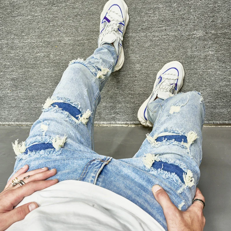 Men's Skinny jeans Casual Slim Biker Jeans Denim Patchwork Distressed Scratched Bleached Tassel hiphop Ripped Pants 17B1