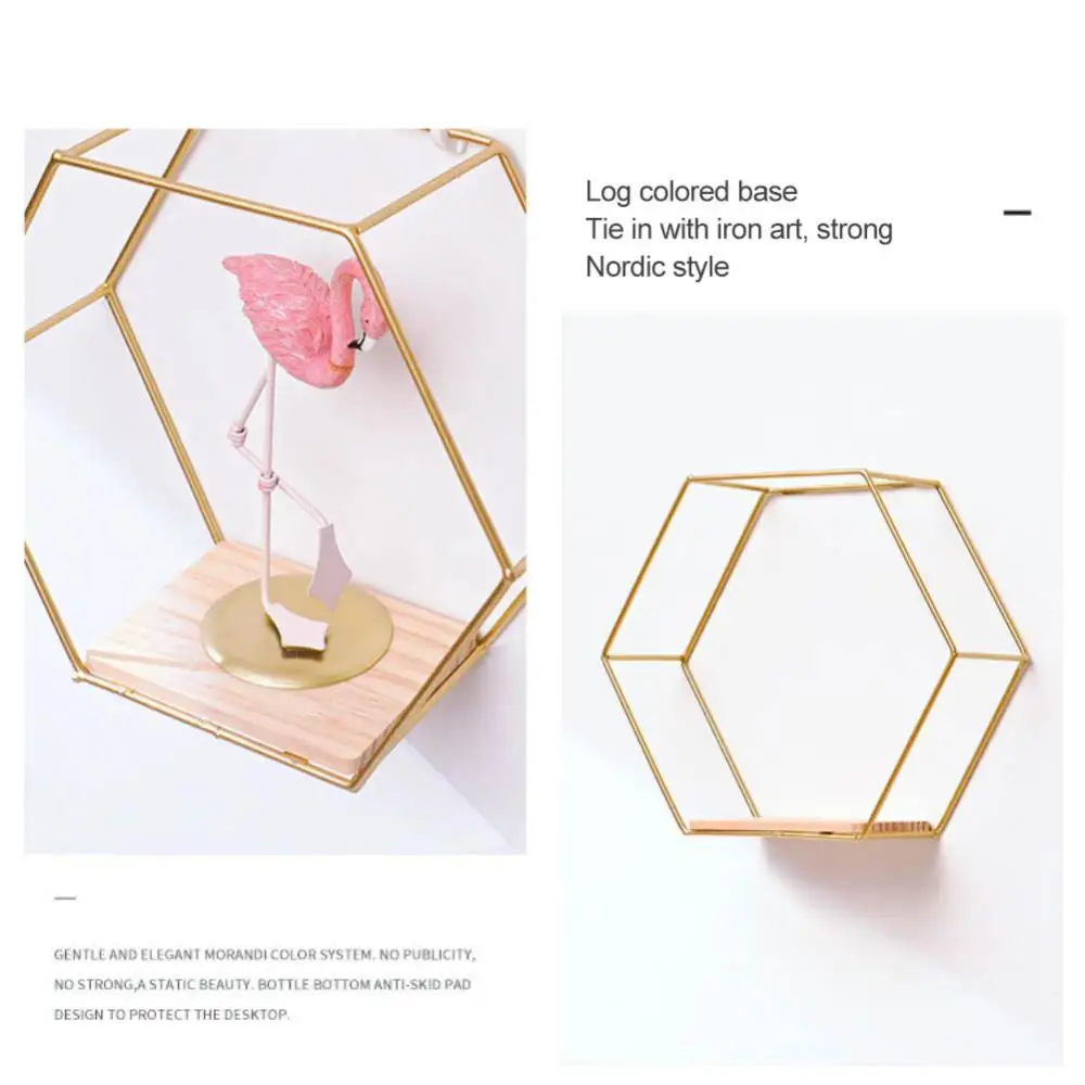 1/2/4PCS Floating Hexagonal Shelf Wall Mounted Metal Frame Gold Shelves With Wooden Floor For Wall Storage And Display Home