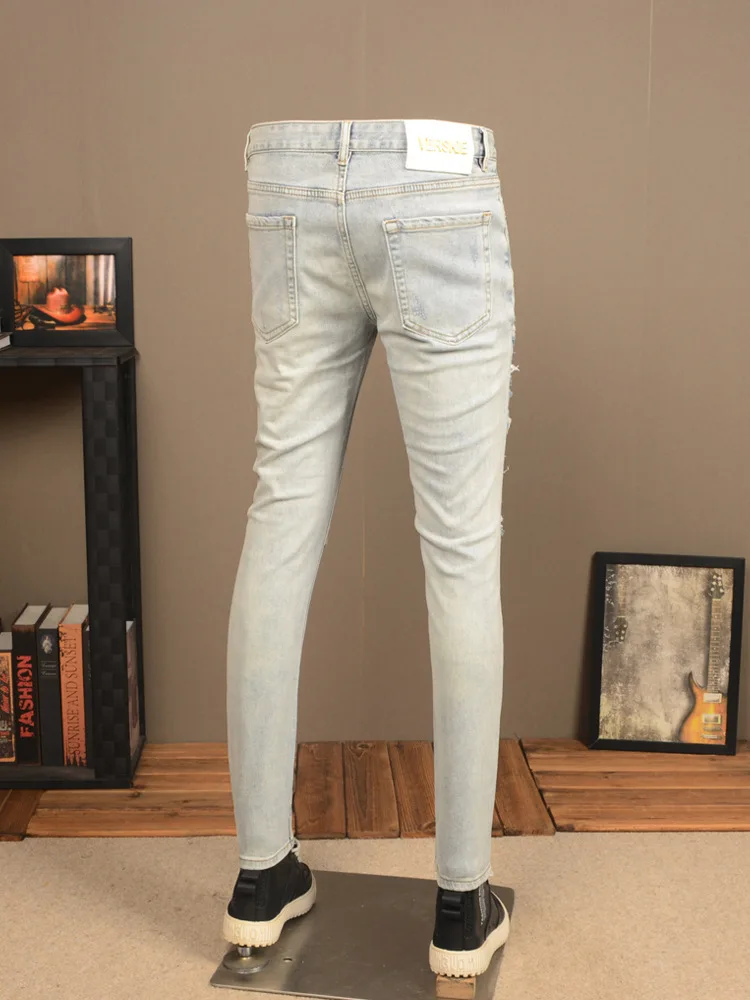 Light Color Hole Jeans Men's Motorcycle Fashion Scrape Design Stretch Slim Fit Skinny Patch Washed Distressed Men's Pants 3