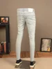 Light Color Hole Jeans Men's Motorcycle Fashion Scrape Design Stretch Slim Fit Skinny Patch Washed Distressed Men's Pants 3