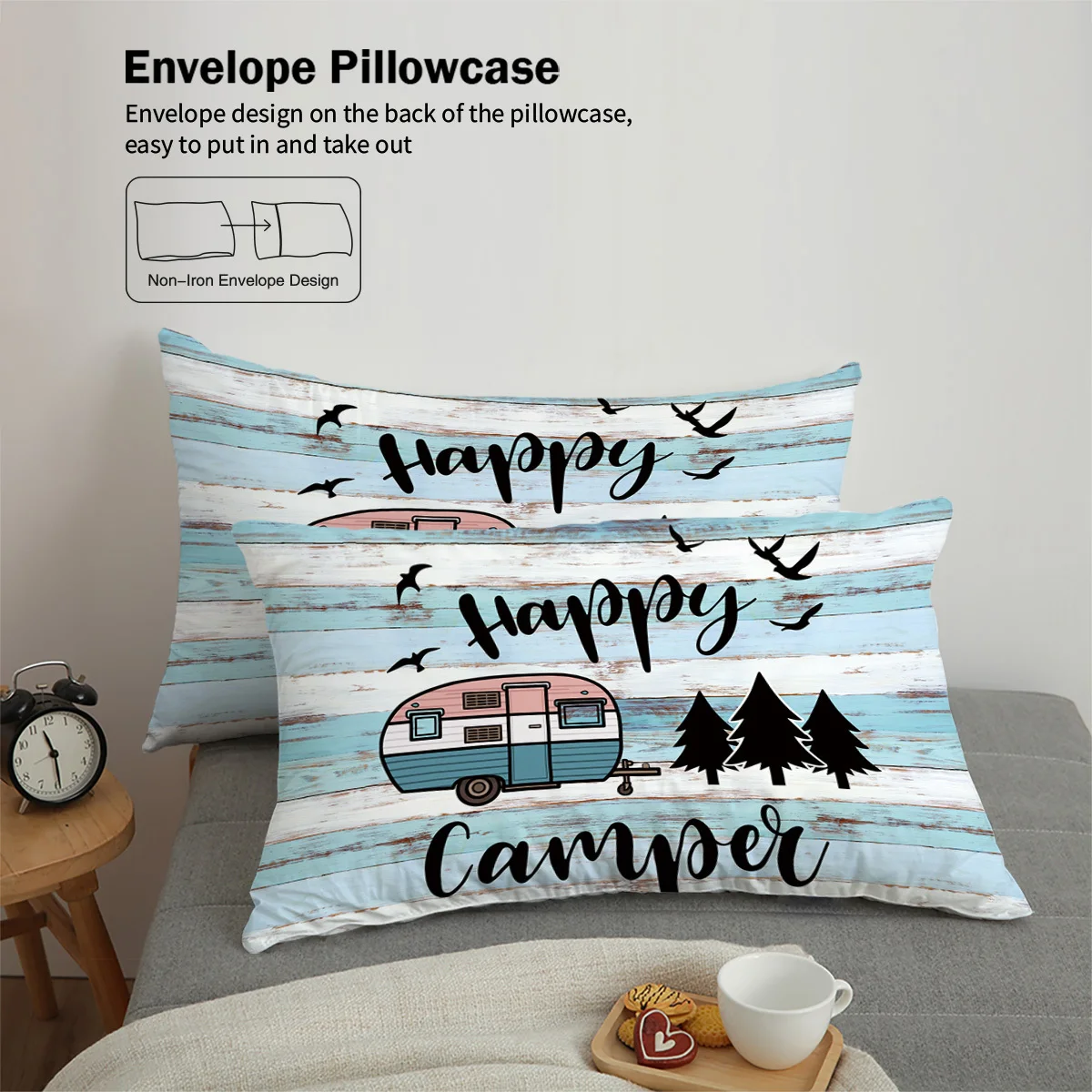 3pcs Happy Camper Pattern Printed Bedding Set, Suitable For Teenagers And Adult's Bedroom, Camping, 1*Duvet Cover+2*Pillowcase 5