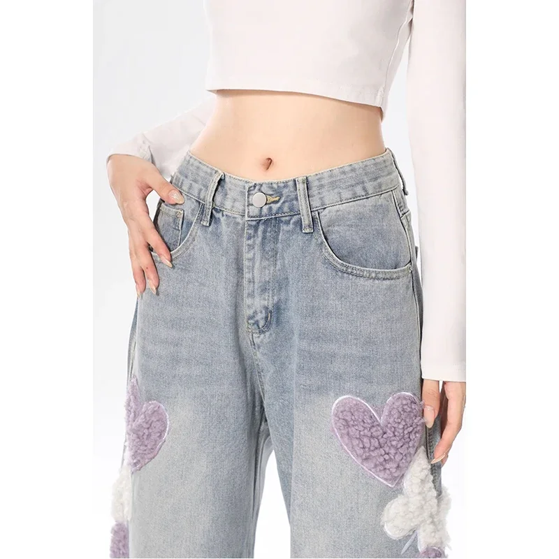 Blue Jeans for Women Embroidery High Waist Vintage HarajukuFashion Streetwear Wide Leg Jean Female Trouser Baggy Denim Pants