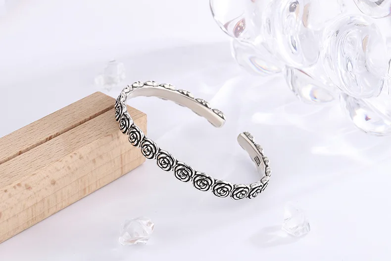 Neue Ankunft Rose Weibliche Temperament 925 Sterling Silber Armbänder Kreative Blume Persönlichkeit Öffnung Armreifen TYB161 – Detail 5