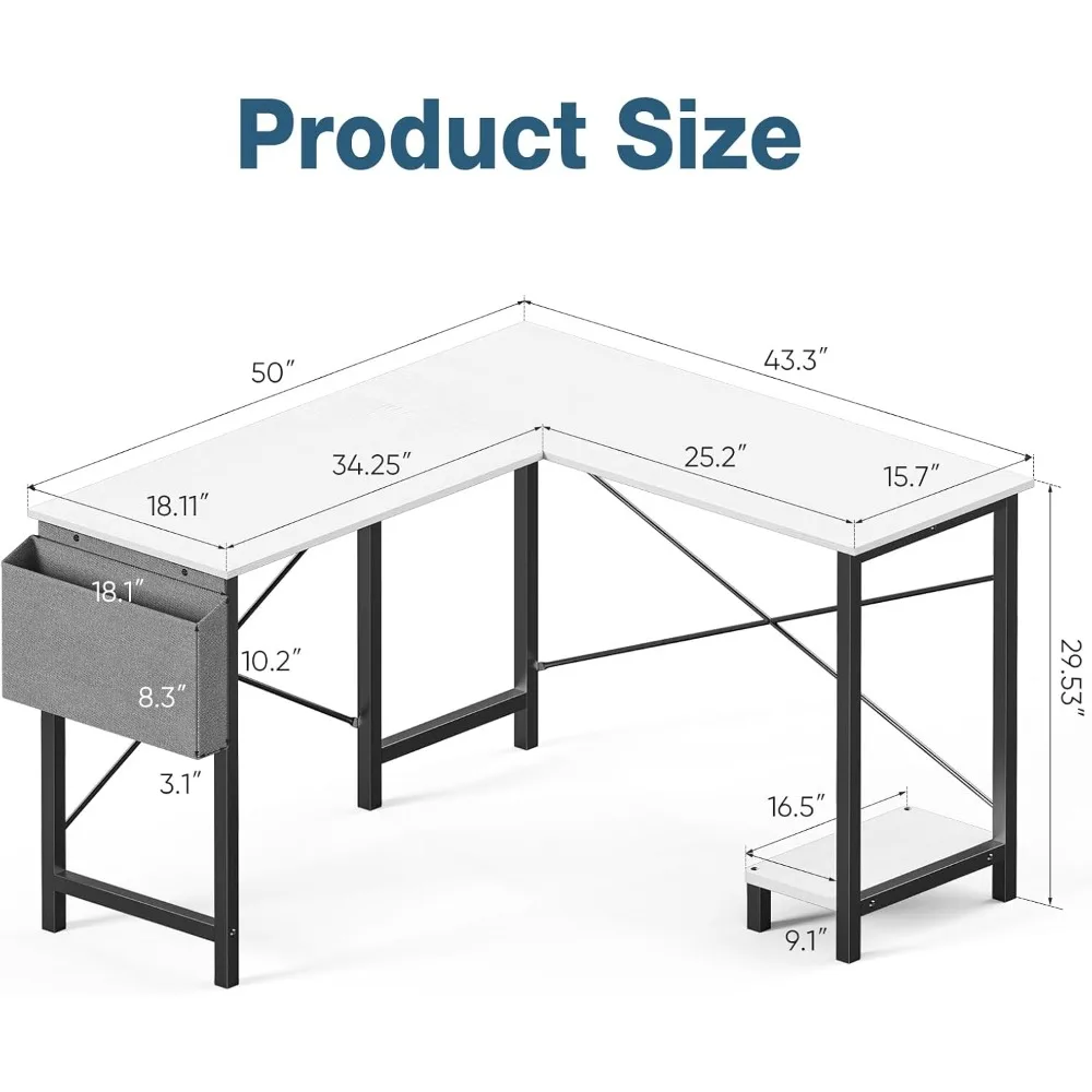 50 Inch L Shaped Gaming Desk with CPU Stand & Side Bag, Reversible Corner Computer Table for Home Office & Small Spaces 2