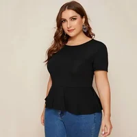 Plus Size Ruffle Hem Elegant Summer Casual Top Women Short Sleeve Keyhole Back Solid Black Blouse Female Large Size T-shirt Tee