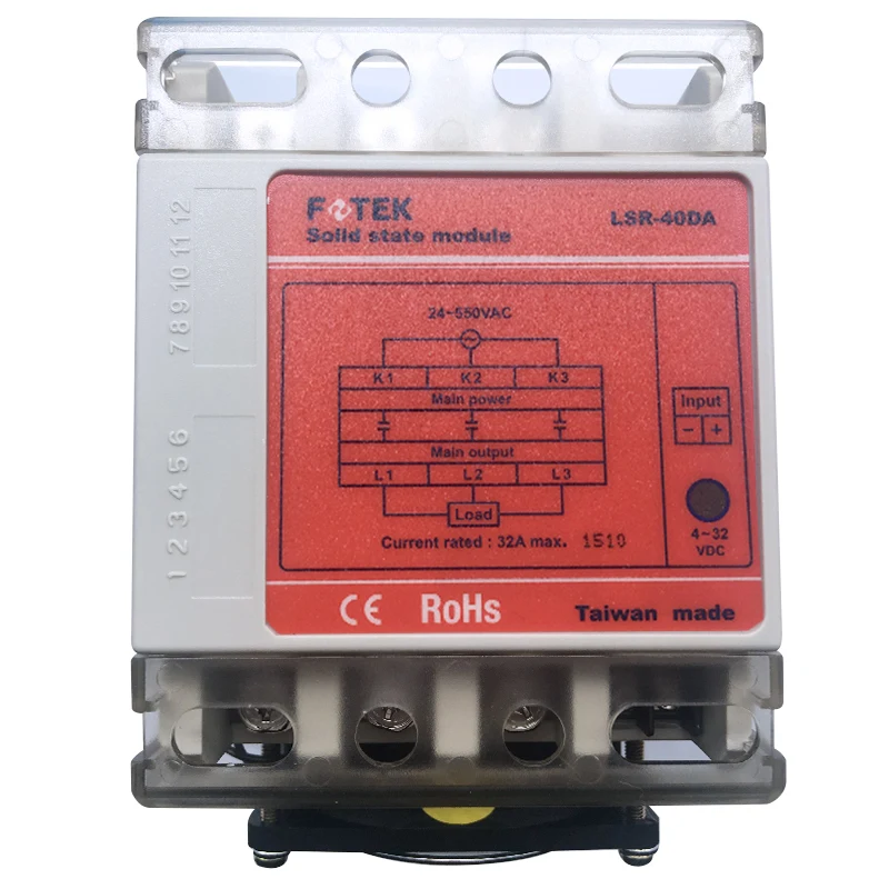 

FOTEK LSR-40DA+ 4~32vdc 24~550vac 40A Enhanced Heat sink cool fun Three phase three control Solid state module