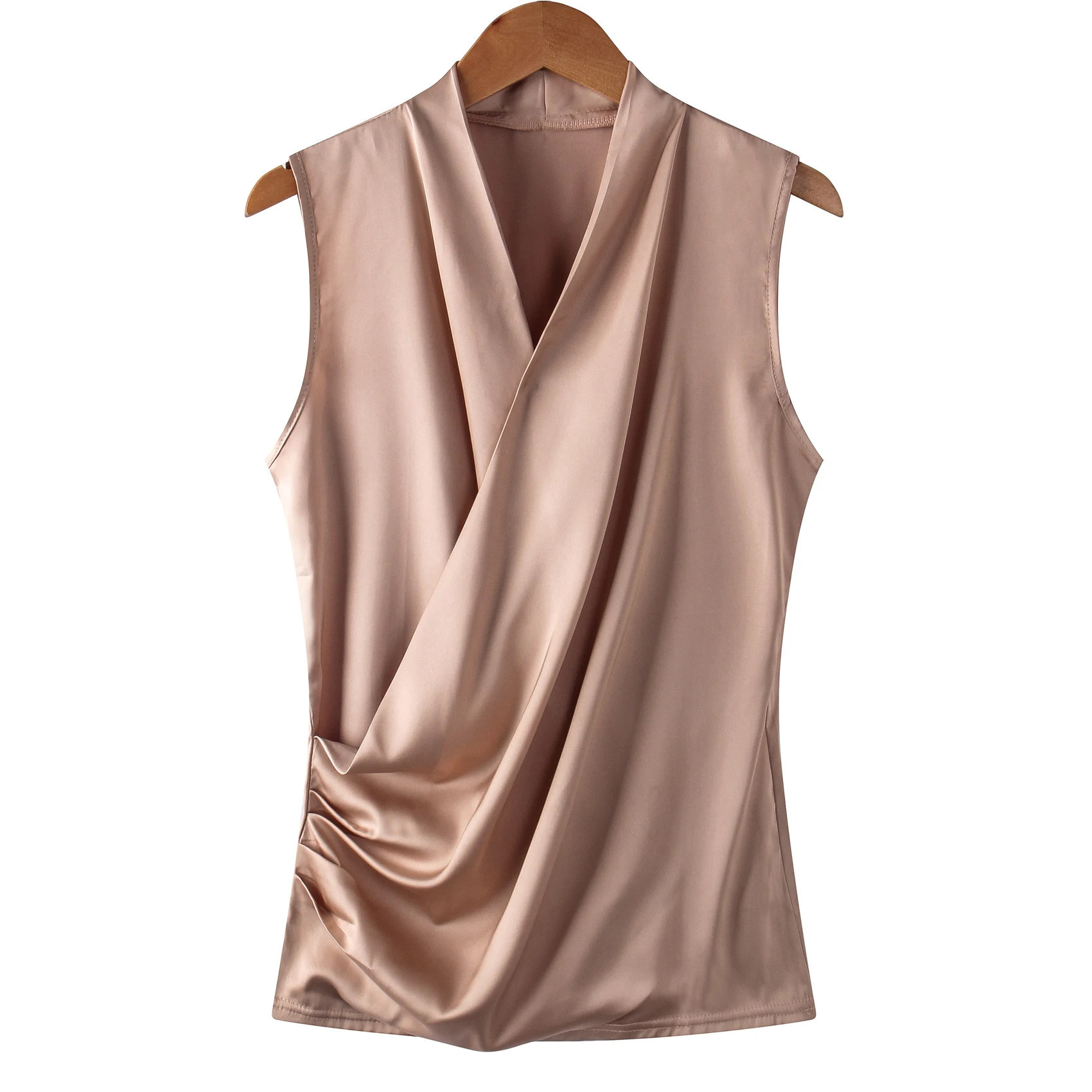 New Smooth Satin Female Sleeveless Blouse V-neck Top Slim Fit Outside Shirts