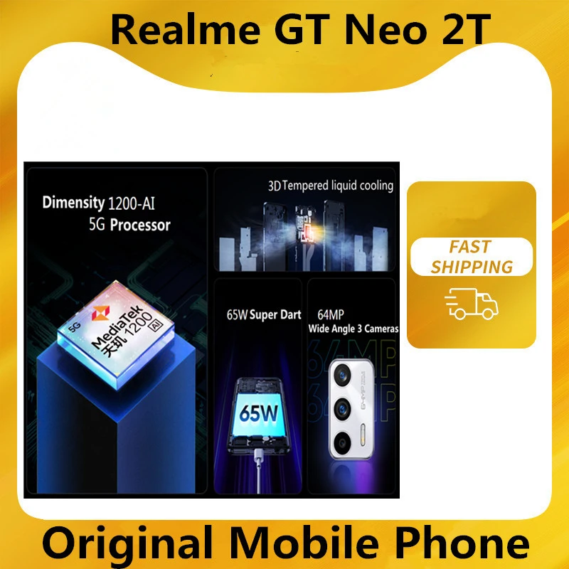 Original Realme GT Neo 2T 5G Mobile Phone 65W Charger 4500mAh 6.43" AMOLED 120HZ 64.0MP Dimensity 1200 Android 11.0 Dual Sim realme mobile new model