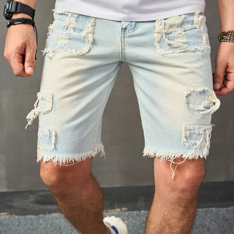 Y2K Style Ripped Design Mens Denim Shorts Summer Trendy Solid Color Slim Fit Jean Shorts Men Vintage Straight Denim Short Pant