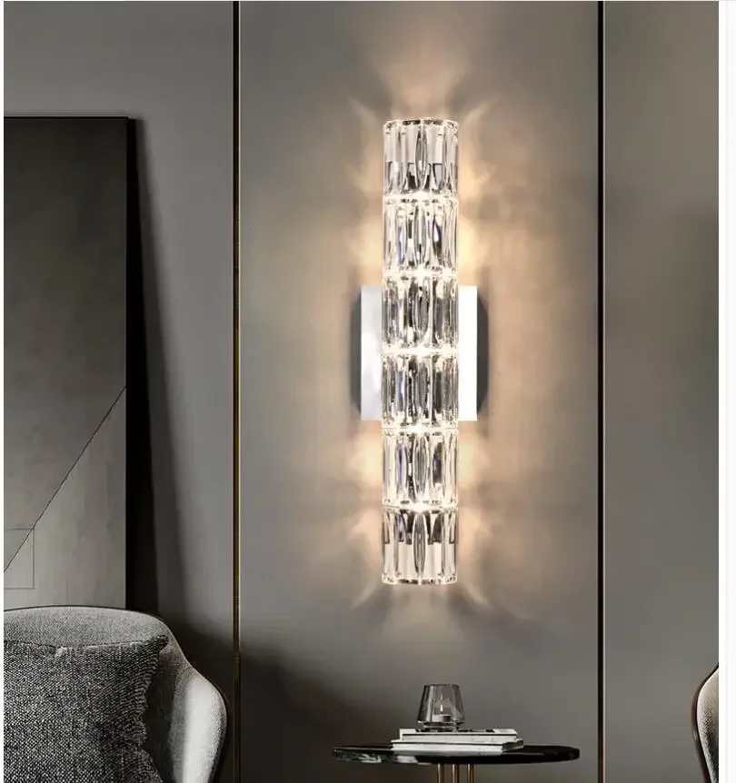 

Modern Lustre Crystal Wall Lamp Steel Silver Bedroom LED Wall Lights W12cm H60cm Decora Fixtures Living Room Wall Sconce Lights