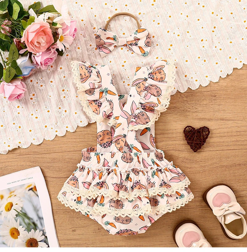 Ircomll Baby-Neugeborenen-Artikel, Osterkostüm, niedlicher Cartoon-Häschen-Aufdruck, ärmelloser Strampler + Stirnband-Body für Kleinkinder-Mädchen-Outfit – Detail 3