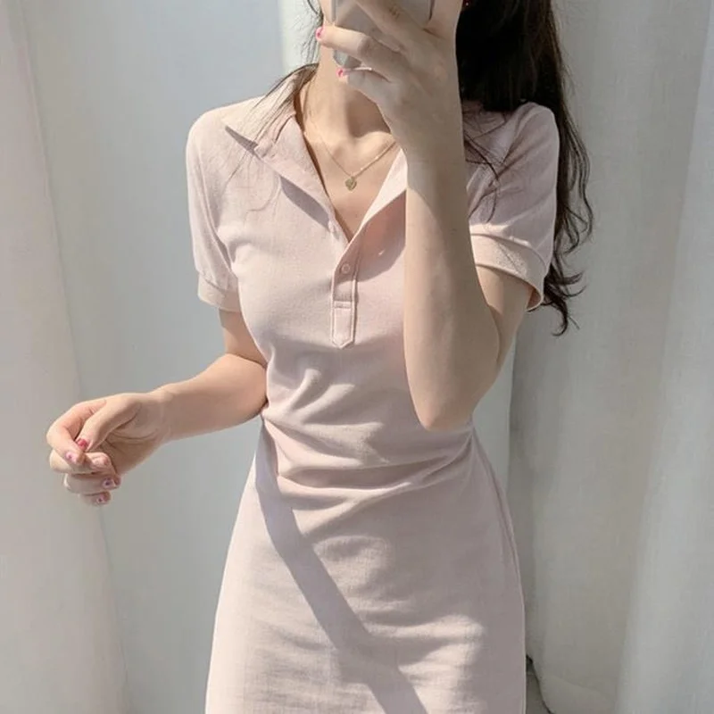 

Fashion Lapel Tie Waist Sexy Casual Short-sleeved Dress T-shirt Female 2023 New Summer Pink Mini Short Skirtvestidos De Mujer