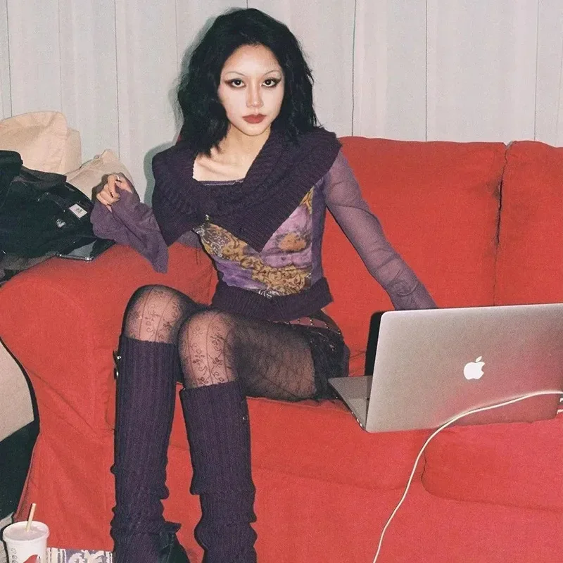 Description Picture 5 of itemLong Sleeve Shirts For Women Fashion Patchwork Streetwear Casual Flare Sleeve Y2k Top Creativity Skew Collar Women Clothing