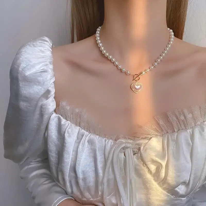 Gentle Choker Jewelry Gift Necklaces Elegant Pearl Necklace Women's Fashion Rhinestone Shell Heart Pendant