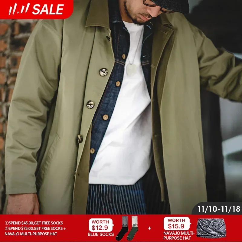 Trench Coat Maden Casual Balmacaan Trench Coat Men's Amekaji Loose Green Windbreaker Heavyweight Twill Long Jackets Vintage Overcoats