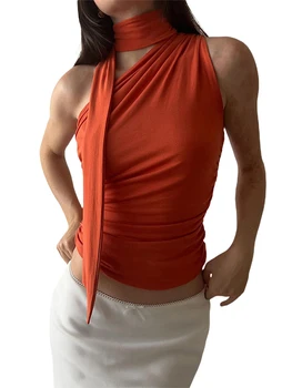 Women Solid Color Tank Tops One Shoulder Oblique Collar Sleeveless Vests Summer Fit Crop Tops with Choker 4