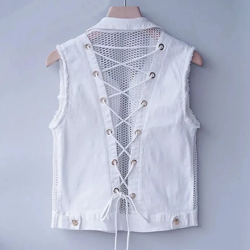 

New Denim Vest Women's Waistcoat 2023 Spring and Summer Fashion Hollowed-Out Trend Tie and Mesh Sleeveless Jacket Top Chaquetas