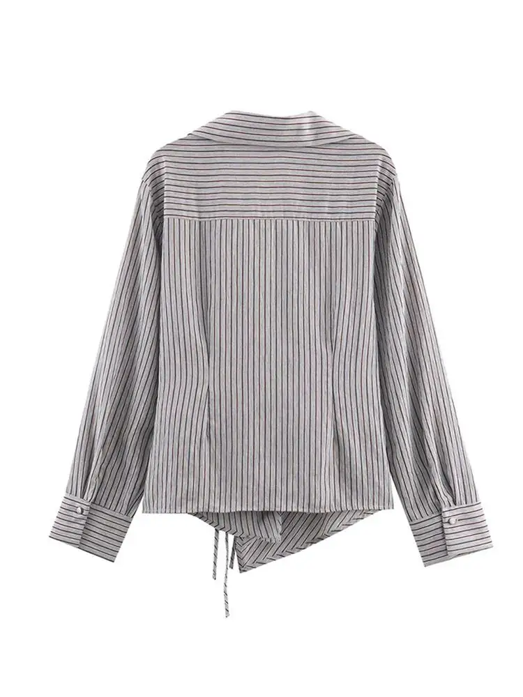 2026 New Women's Striped Print Shirts Elegant Lace Up Bow Irregular Top Fashion V Neck Office Ladies Commuting Blouses Tops