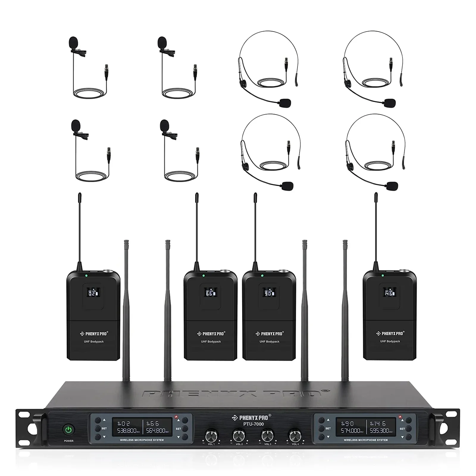 

Phenyx Pro Wireless Microphone System 4 Channels Headset Mic Set Auto Scan Coverage 100M For Church，Stage Singers, Karaoke