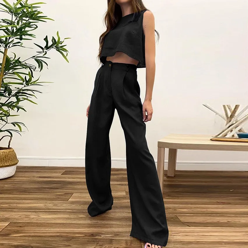 Solid Color Sleeveless Vest Top+Pants Women Set 2023 Summer Fashion Women Two-Piece Comfortable Cotton Linen Loose Fitting Set