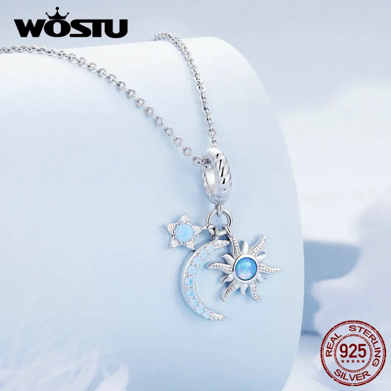 WOSTU 925 Sterling Silver Moonstone Astronaut Charm Rainbow Space Necklace Pendant Heart Beads Fit Original Bracelet DIY Gift