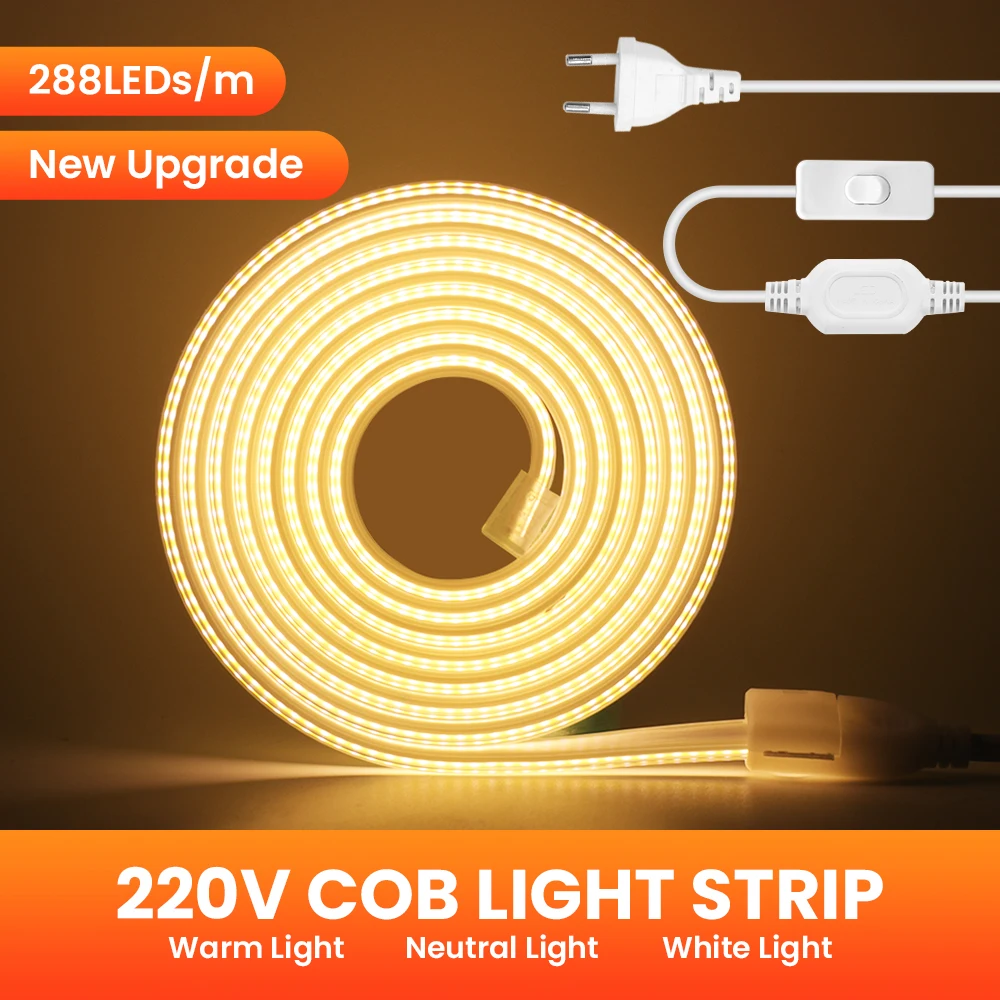 

Dimmable FOB COB LED Strip Light AC 220V 288Leds/m High Density LED Tape Ribbon RA90 Linear Lighting Flex COB Lights with Switch