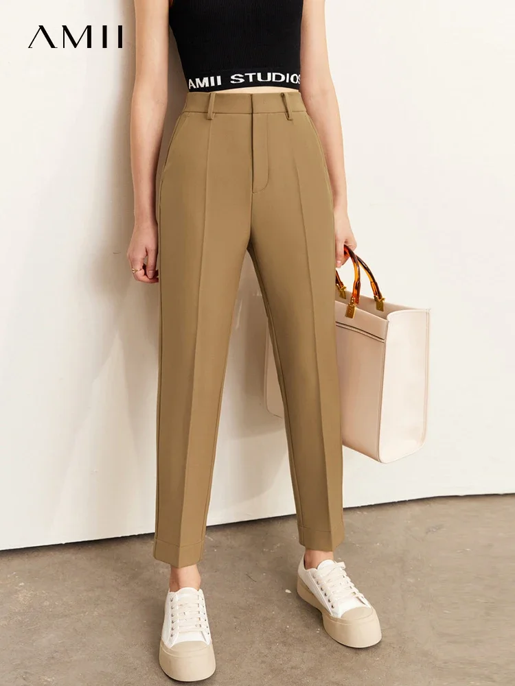 AMII Minimalismus Hosen Für Frauen 2023 Herbst Büro Dame Gerade Hosen Knöchel Länge Hohe Taille Hosen Weibliche Kleidung 12220132