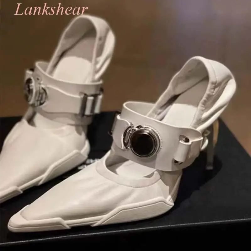 2024 Ladies New White Ballet Shoes Pointed Toe One-Buckle Shape-Heel Muller Shoes Stiletto Dagger High-Heeled Shoes