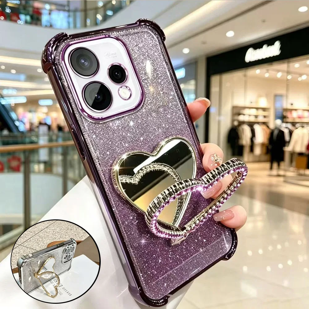 Glitter Heart Mirror Phone Case - Shockproof Silicone Cover with Holder Bracket