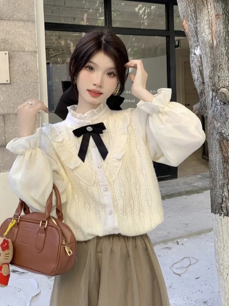 Kawaii Korean Fashion Rojita Shirt Woman Autumn and Winter 2024 New Sweet Chanel Style Bow Lace Long Sleeve Bottoming Shirts Top