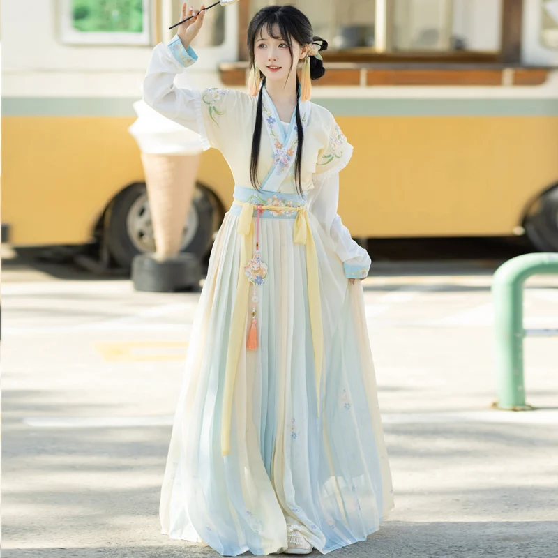 

Chinese Round Neck waist-length one-piece Pleated Skirt Daily Tang Dynasty Daily Hanfu Dress Set Oriental Traditional Vestidos