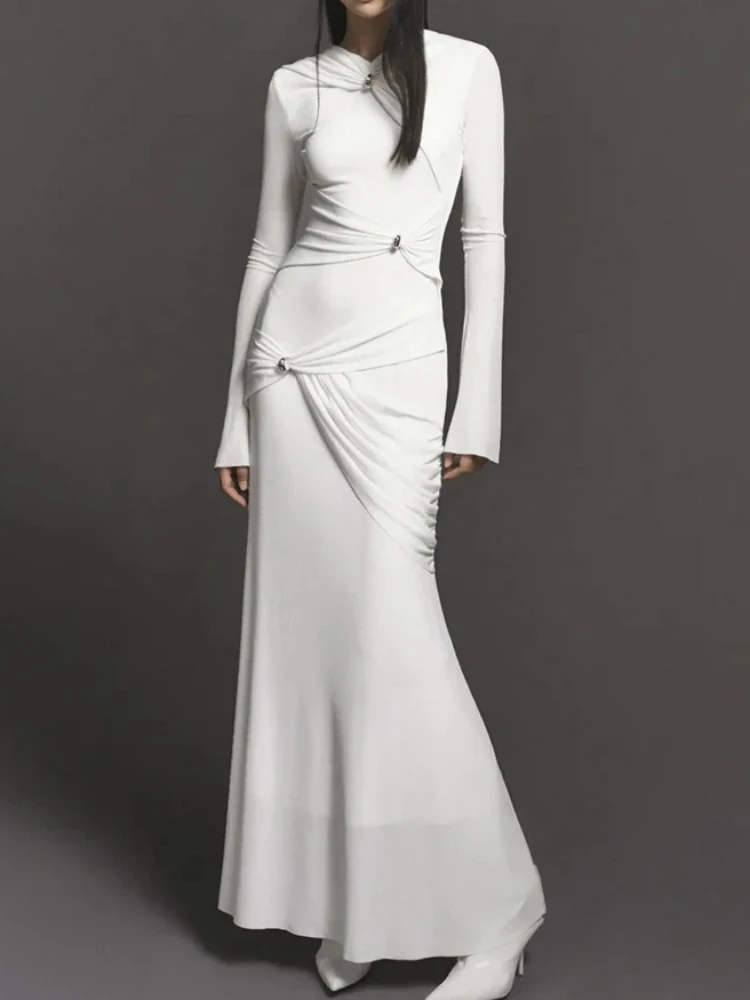 

Sexy Cross Hollow Out Long Sleeve Long Dress Women White Black Patchwork Irregular Draped Maxi Dress Elegant Evening Party Club