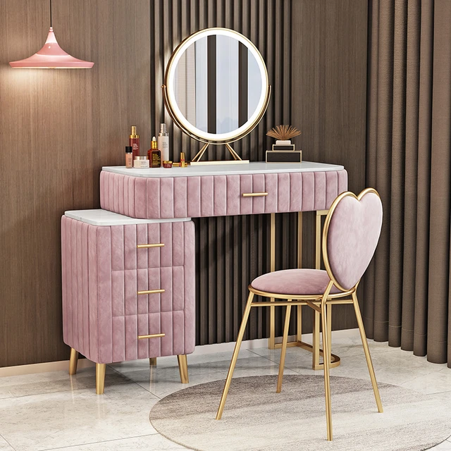 Taburete De escritorio con espejo, mueble De tocador rosa, consola