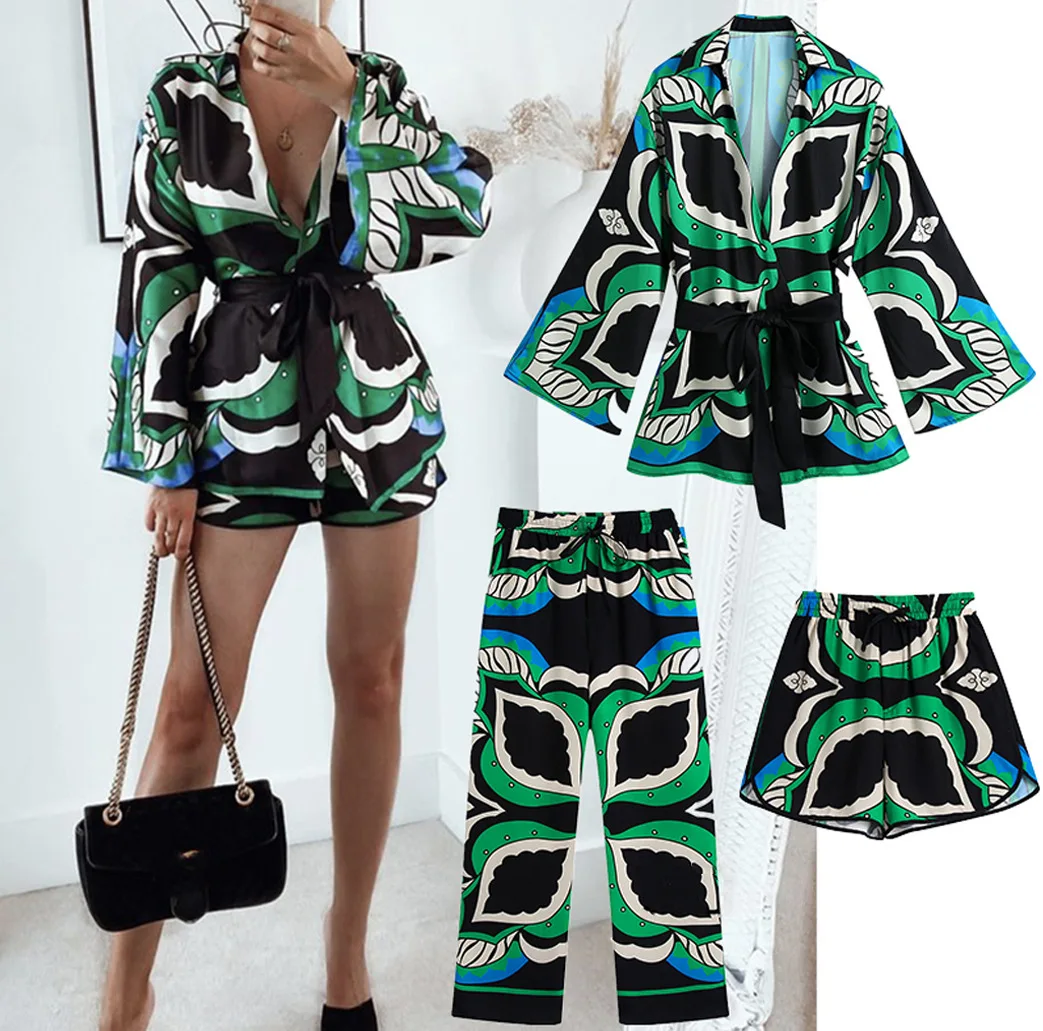 

Early Autumn Mature Casual Shirts Set Women Fashion Bating Sleeve Belt Sashes Oversize Kimino Blouse Shorts Pants 2 Piece Set