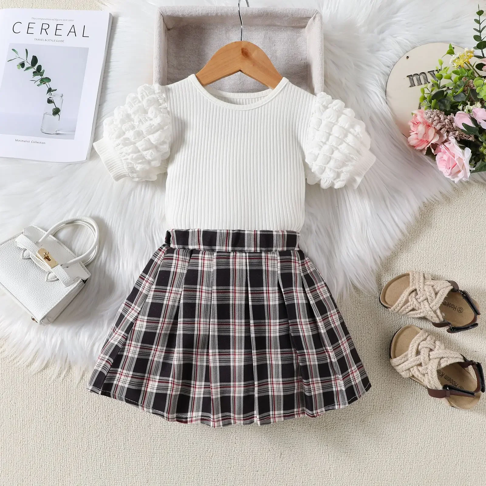 

Summer New Girls Clothing Sets Puff Short Sleeve White T-shirt Tops + Plaid Pleated Skirt Children's Casual Clothes For 2-6Y