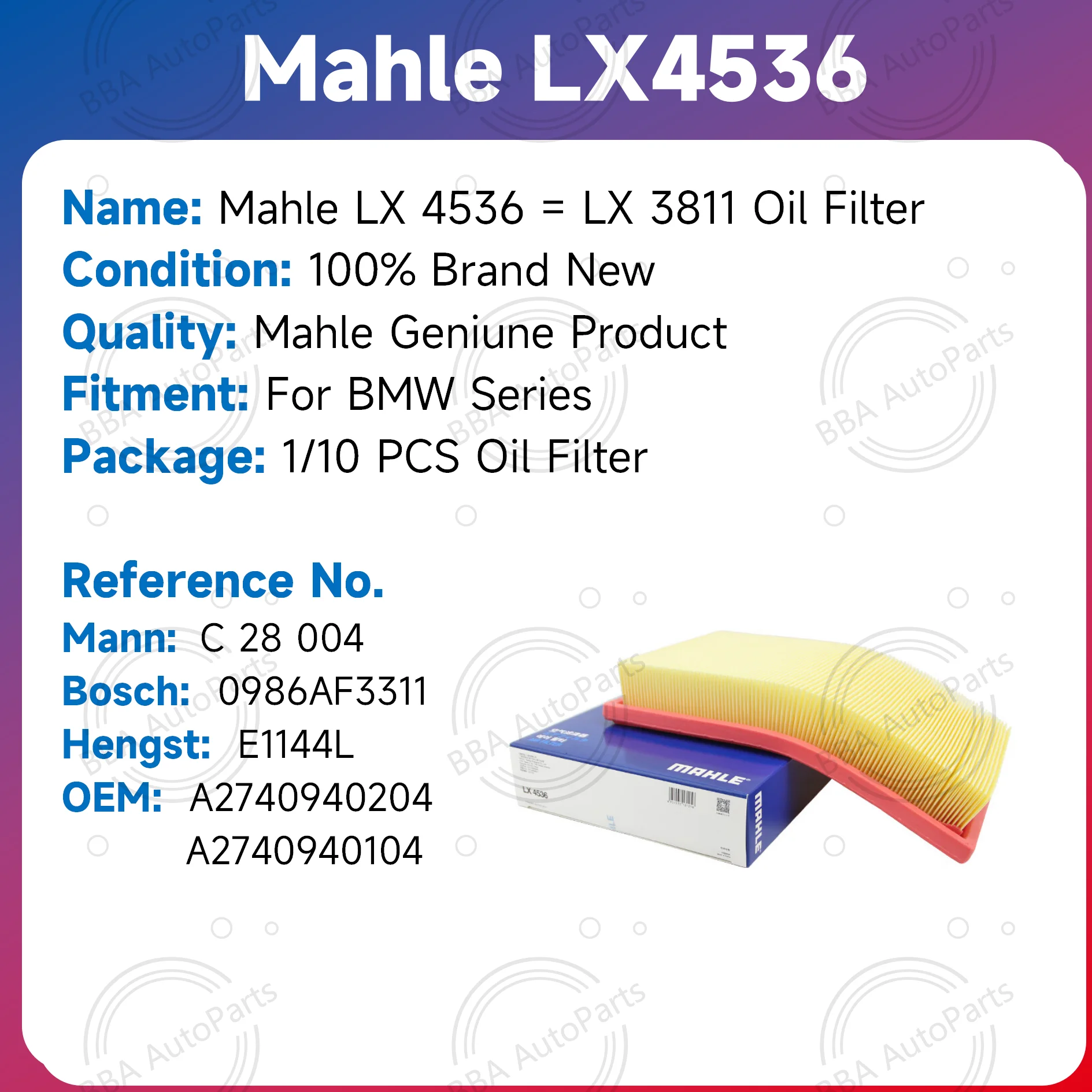 Mahle LX4536 LX3811 air filter for Benz C180L C200 C260L C300 E200 E300 GLC200 with OE A2740940204 A2740940104