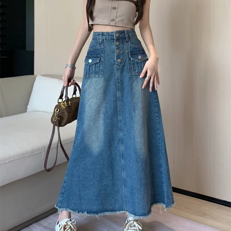 Denim Skirt Women's Summer Blue High Street Live Shoot Large Women's Fat mm Retro Fur Edge Mid length Button Wrapped Hip A-line