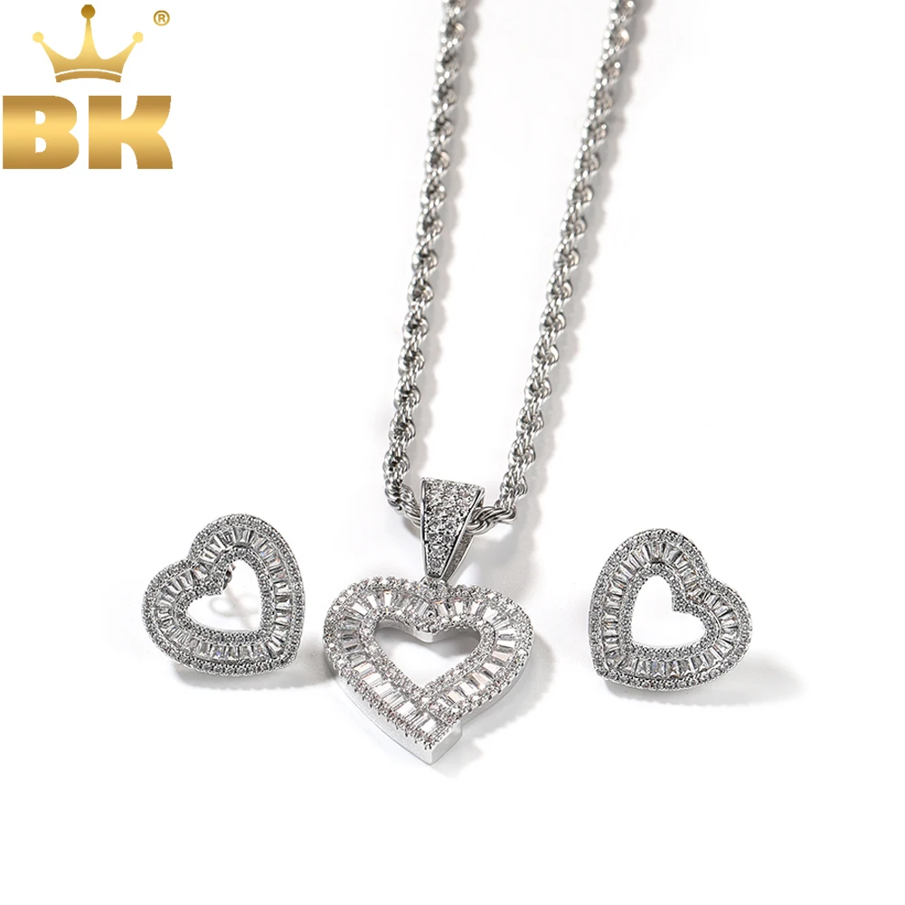 THE BLING KING BaguetteCZ Hollow Heart Jewelry Set Full Iced Cubic Zirconia Love Style Earrings Pendant Necklace Women Jewelry