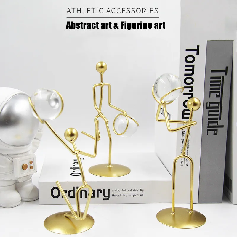 Basketball Player Action Figures Figurines Table Ornaments Abstract Iron Statue Crystal Ball Home Room Office Desktop Decoration 3