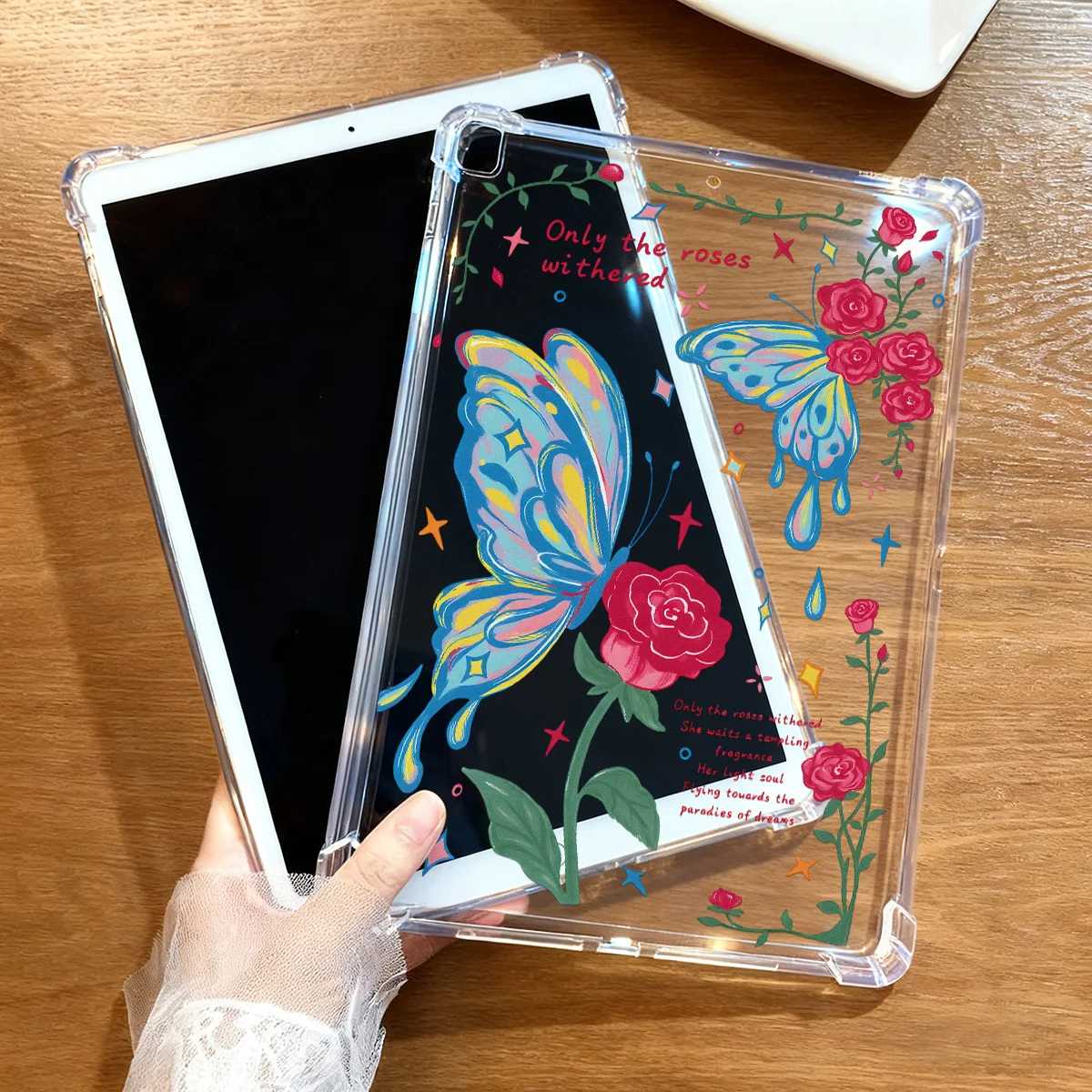 Rose Butterfly Romantic Aesthetic Tablet Case - Crystal Clear Cover