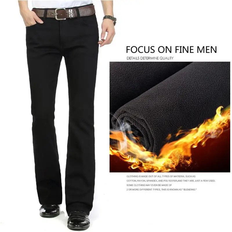 2023 High Quality Men Winter Worm Fleece Black Blue Boot Cut Jeans Business Casual Flare Pants Mid Waist Trousers 5