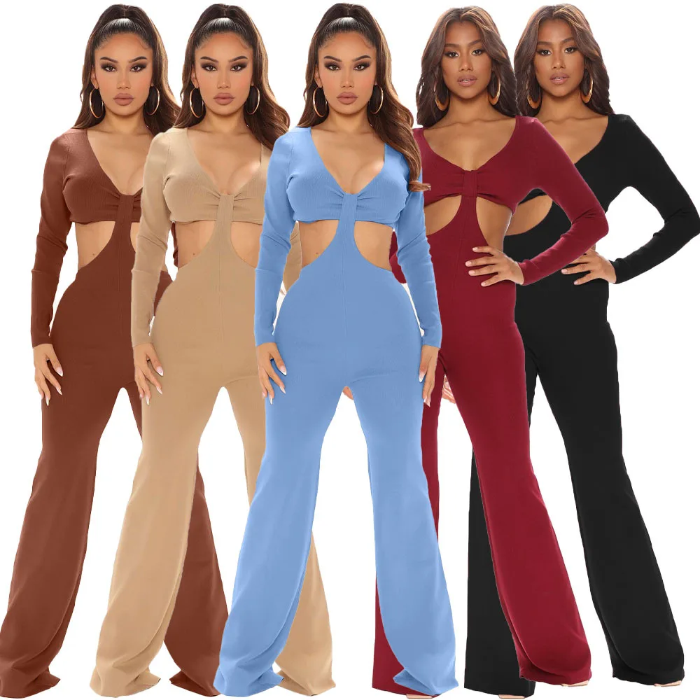 

V-neck sexy hollow out pit stripe jumpsuit