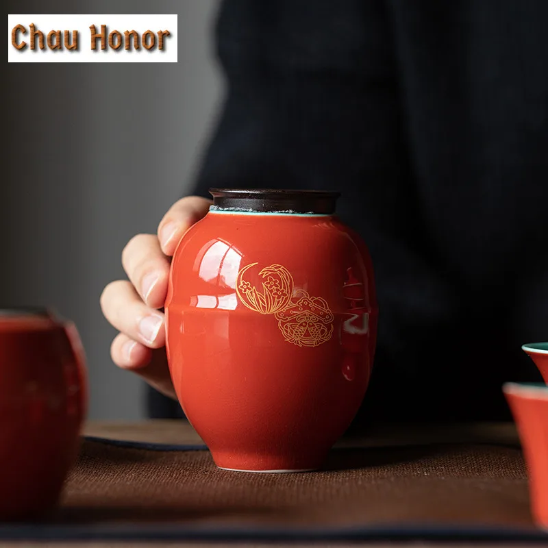 245ml Boutique Palace Red Glaze Art CeramicTea Caddy Household Tea Leaf Hermetic Pots Embroidered Art Hermetic Pots Accessories