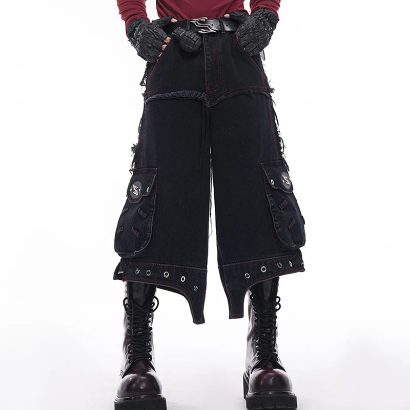 FEWQ Pants Leg Splicing PU Leather Men's Jeans Autumn Winter Straight Legs 2024 Darkwear Korea Fashion Male Trousers 24E5611 4